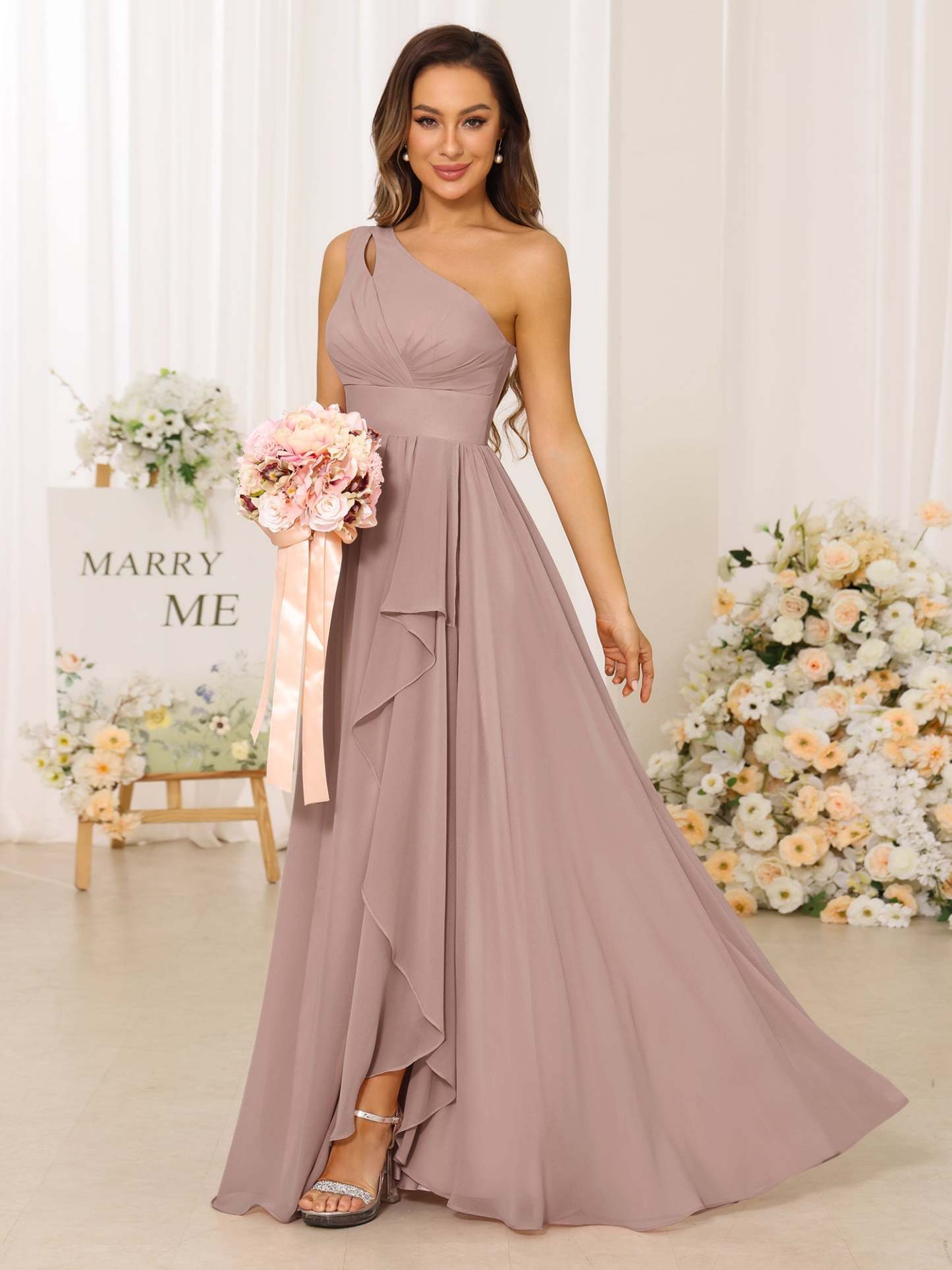 A-Line/Princess One-Shoulder Long Bridesmaid Dresses With Split Side