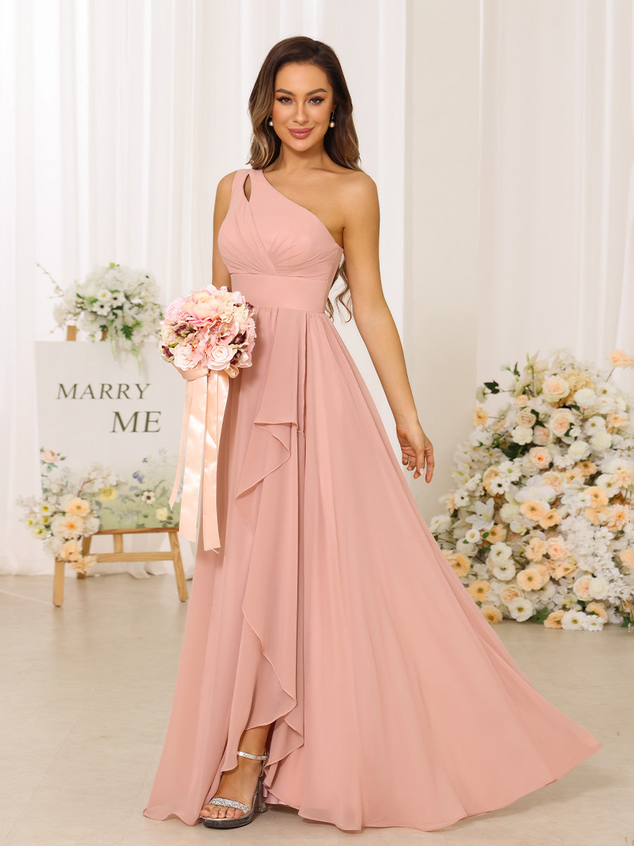 A-Line/Princess One-Shoulder Long Bridesmaid Dresses With Split Side