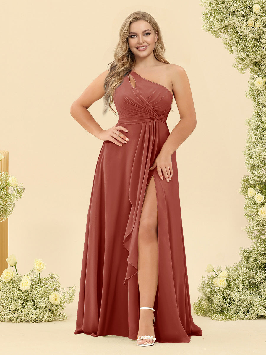 A-Line/Princess One-Shoulder Long Bridesmaid Plus Size Dresses with Split Side