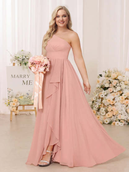 A-Line/Princess One-Shoulder Long Plus Size Bridesmaid Dresses With Split Side