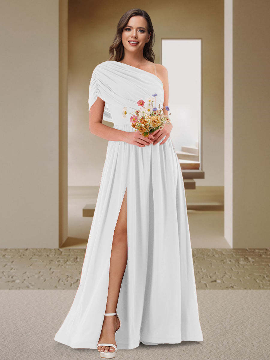 A-Line/Princess One-Shoulder Ruched Satin Bridesmaid Dresses with Side Slit