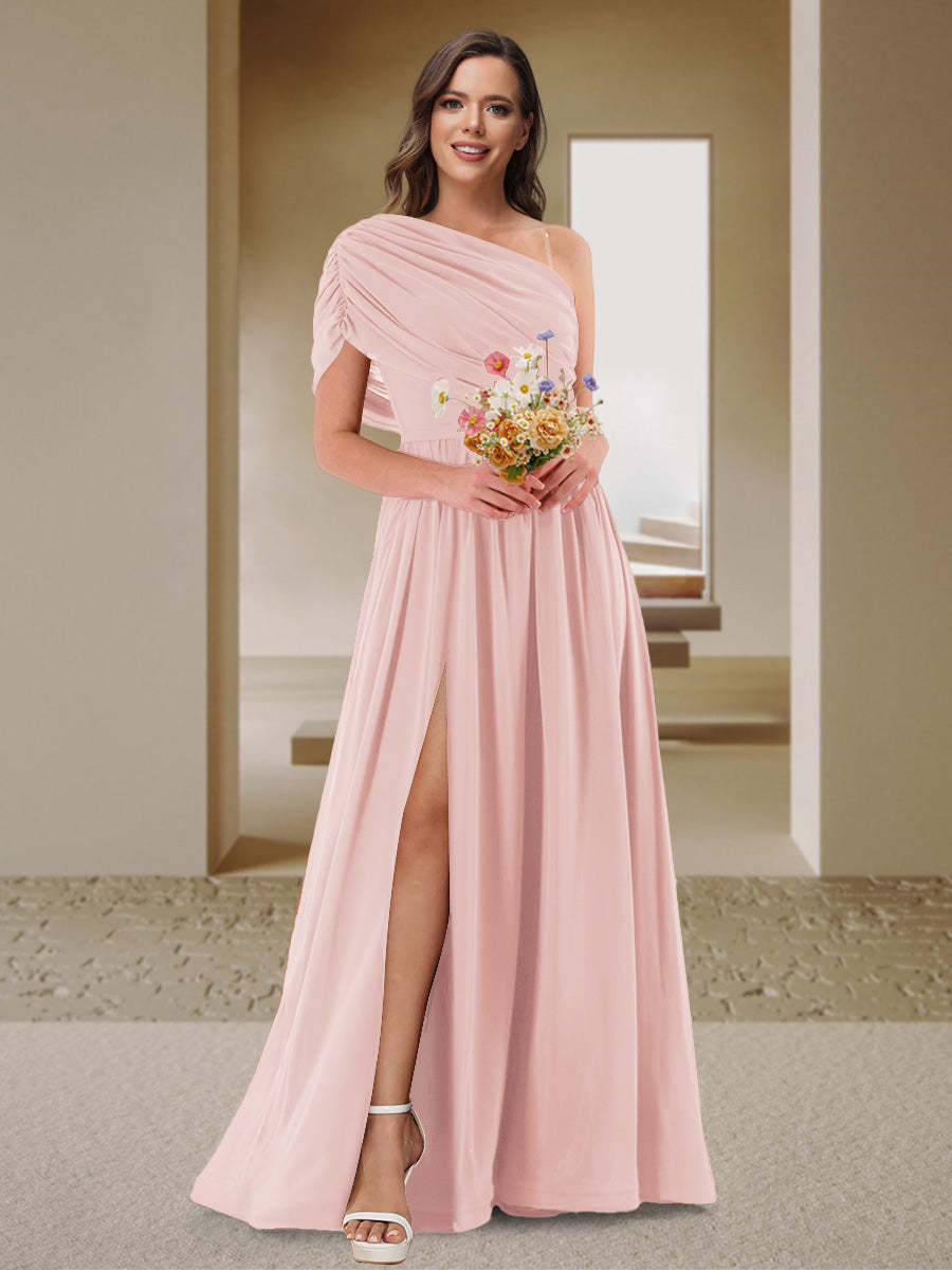 A-Line/Princess One-Shoulder Ruched Satin Bridesmaid Dresses with Side Slit