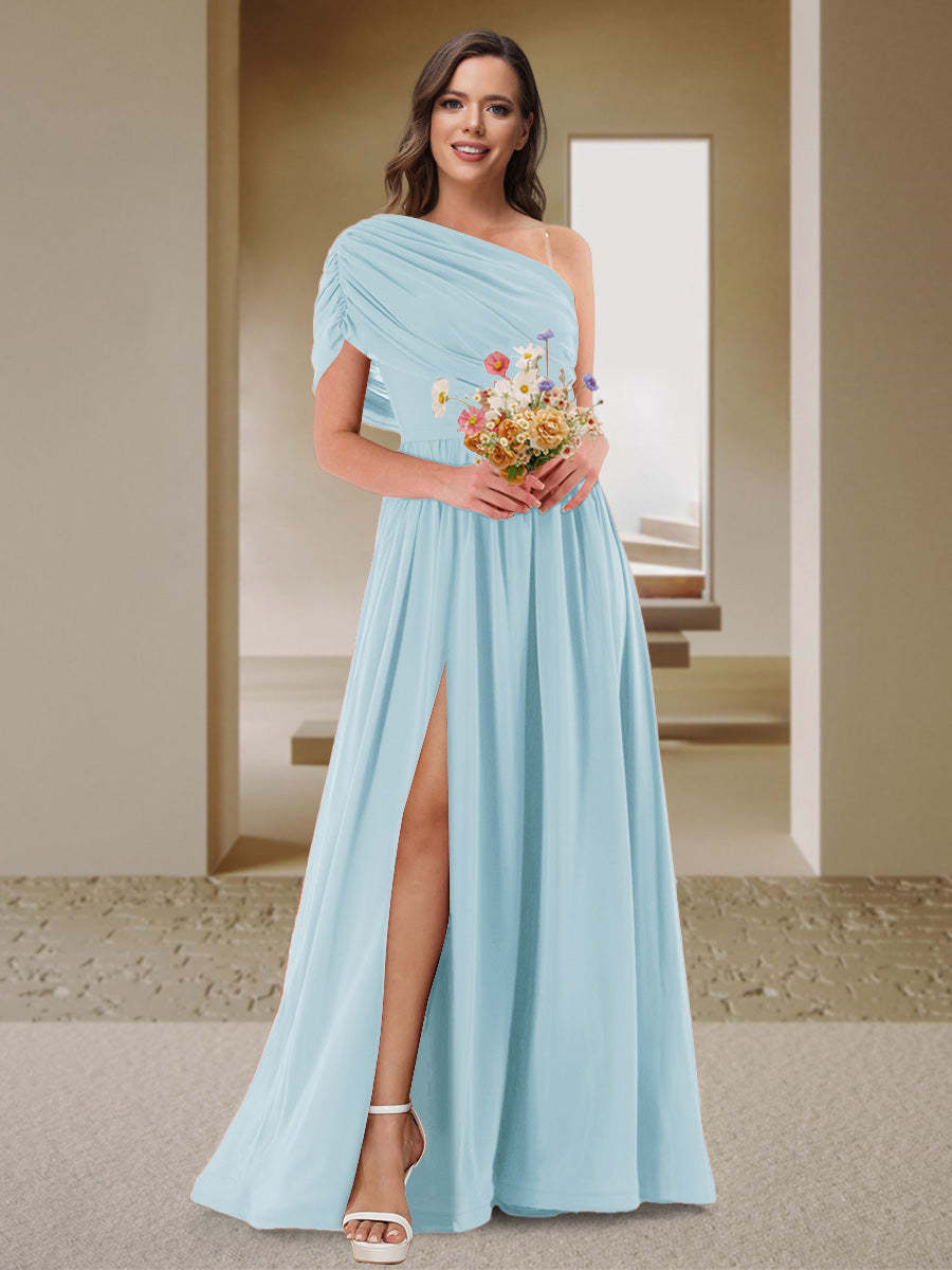 A-Line/Princess One-Shoulder Ruched Satin Bridesmaid Dresses with Side Slit