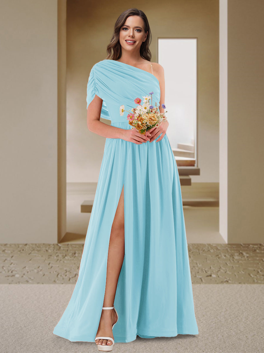 A-Line/Princess One-Shoulder Ruched Satin Bridesmaid Dresses with Side Slit
