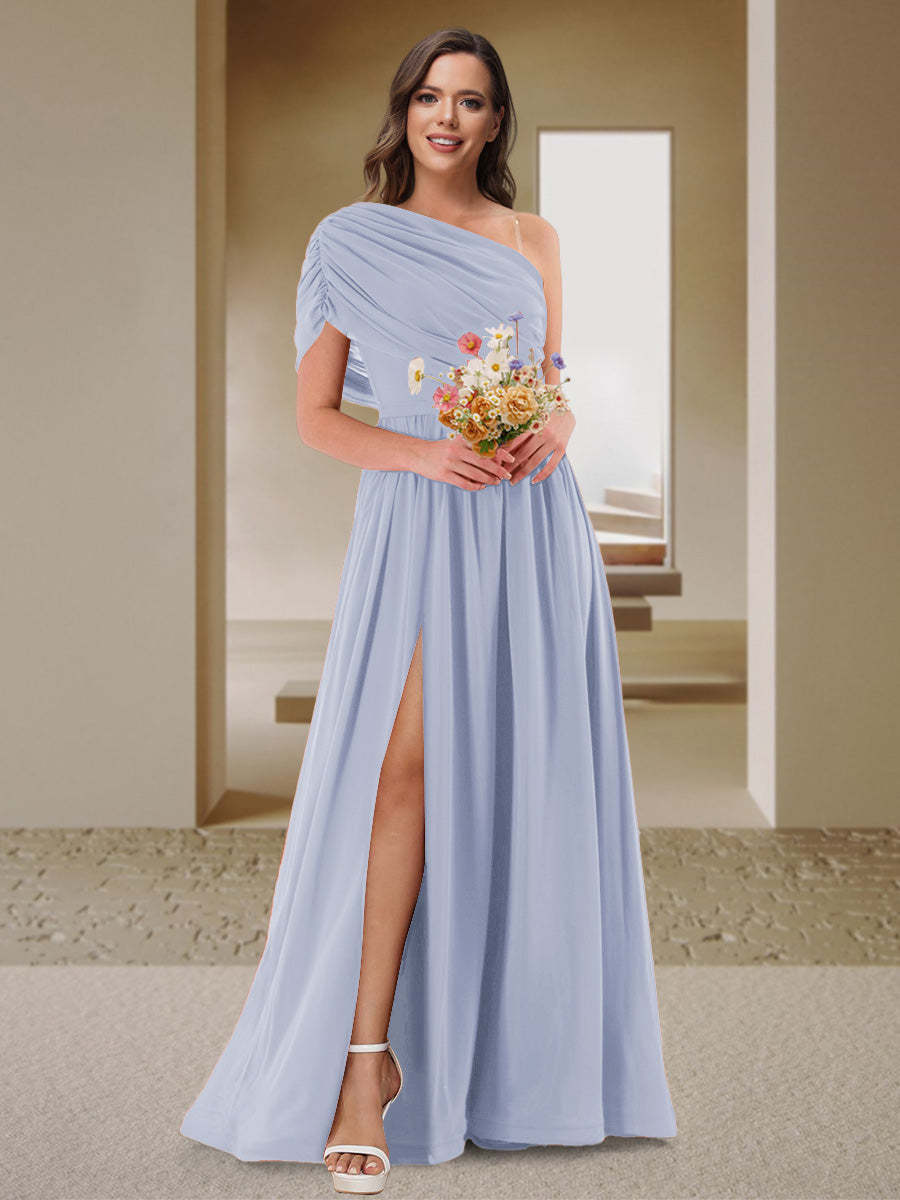 A-Line/Princess One-Shoulder Ruched Satin Bridesmaid Dresses with Side Slit
