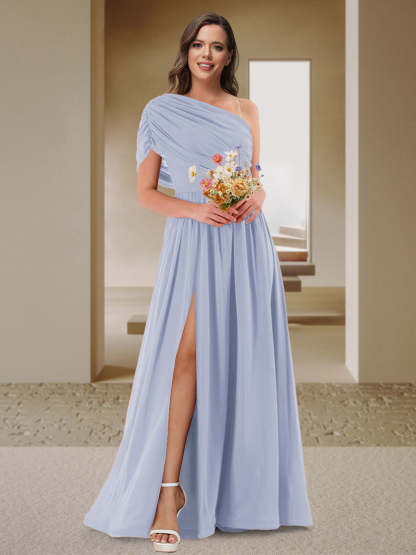 A-Line/Princess One-Shoulder Ruched Satin Bridesmaid Dresses with Side Slit