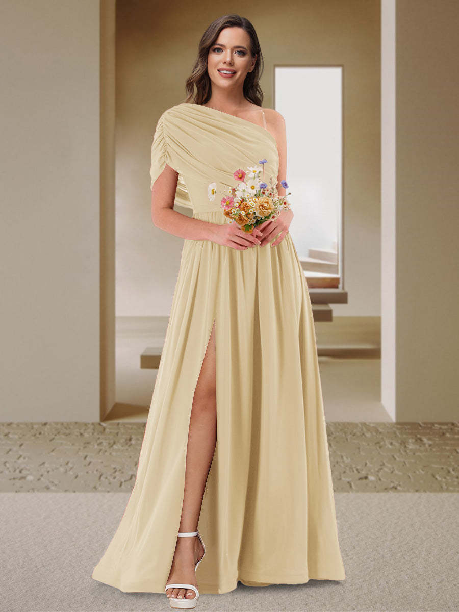A-Line/Princess One-Shoulder Ruched Satin Bridesmaid Dresses with Side Slit