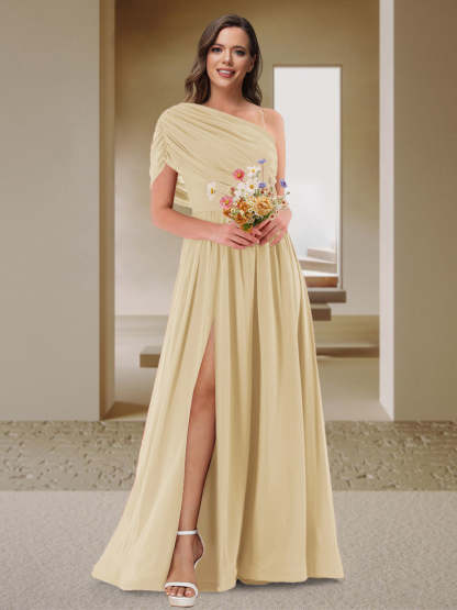 A-Line/Princess One-Shoulder Ruched Satin Bridesmaid Dresses with Side Slit