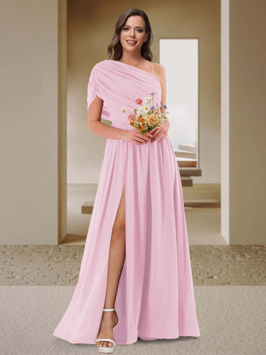 A-Line/Princess One-Shoulder Ruched Satin Bridesmaid Dresses with Side Slit