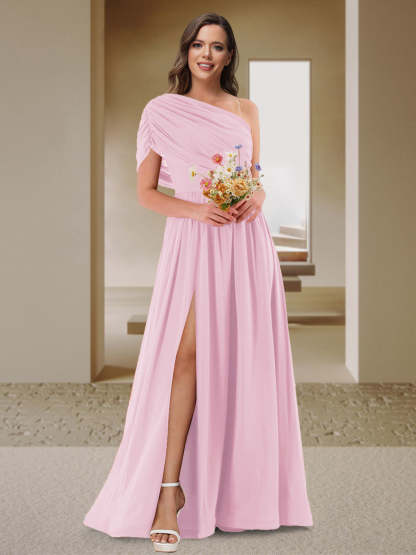 A-Line/Princess One-Shoulder Ruched Satin Bridesmaid Dresses with Side Slit