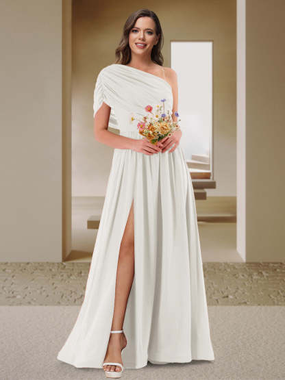 A-Line/Princess One-Shoulder Ruched Satin Bridesmaid Dresses with Side Slit