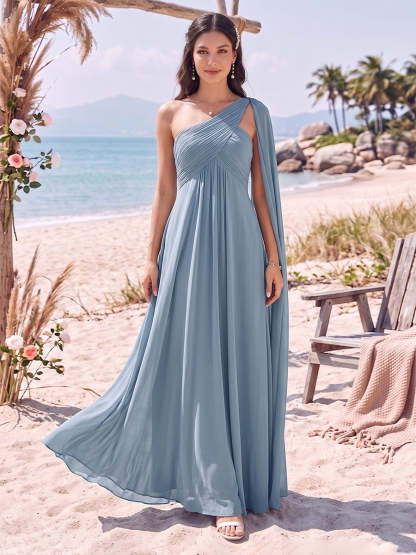 A-Line/Princess One-Shoulder Sleeveless Floor-Length Bridesmaid Dresses With Pleats & Ruffles