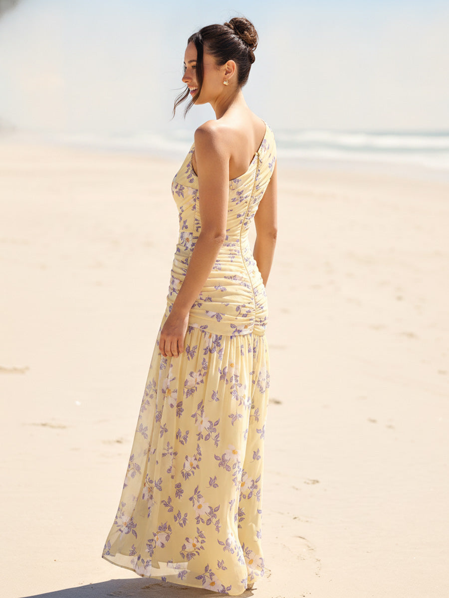 A-Line/Princess One-Shoulder Sleeveless Floor-Length Bridesmaid Dresses with Ruched