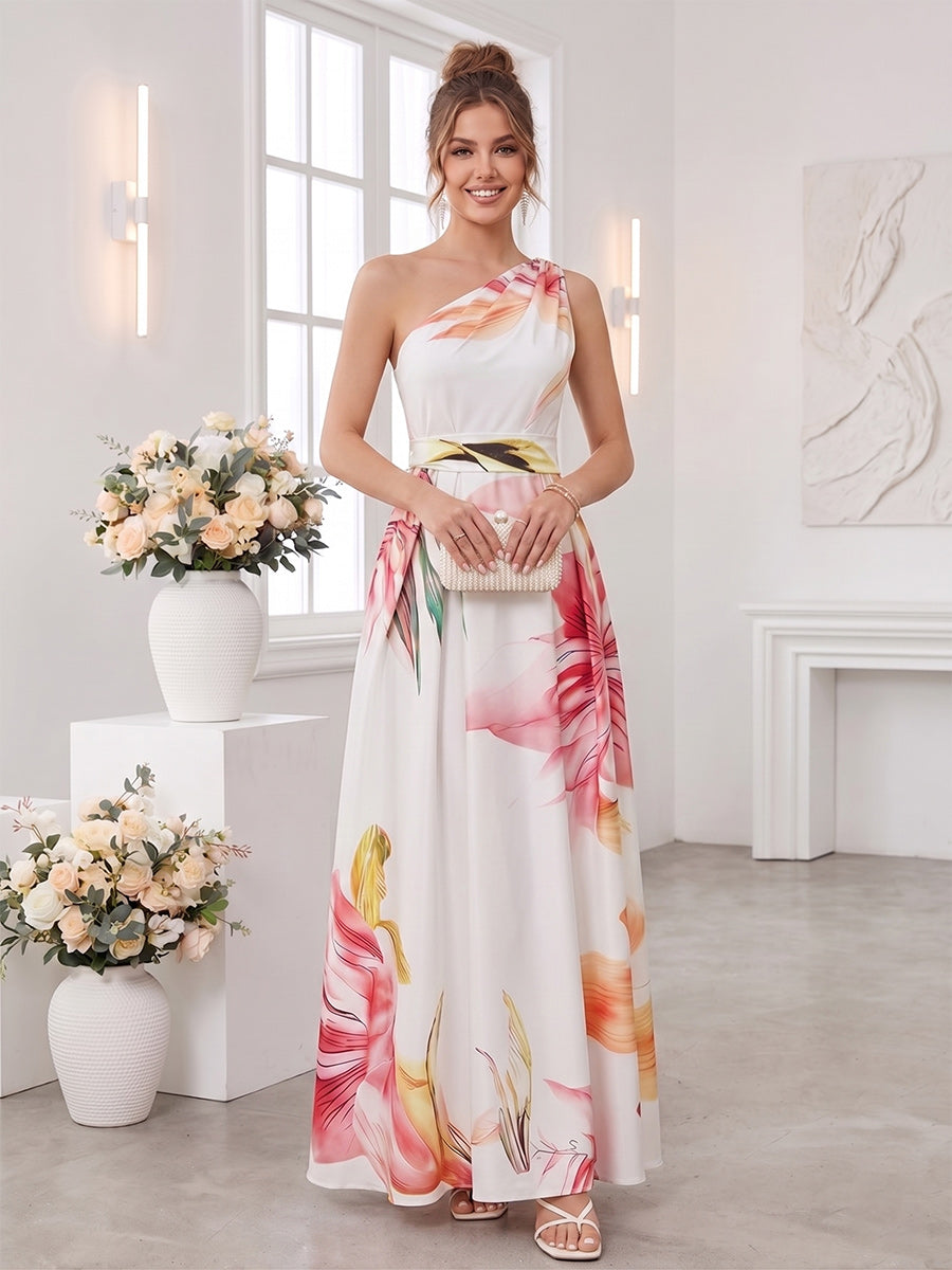 A-Line/Princess One Shoulder Sleeveless Floor-Length Bridesmaid Dresses with Ruched & Pockets