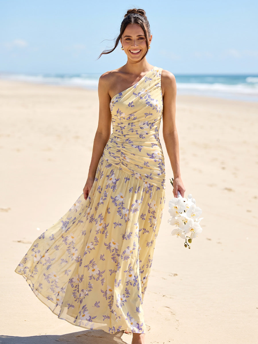 A-Line/Princess One-Shoulder Sleeveless Floor-Length Bridesmaid Dresses with Ruched