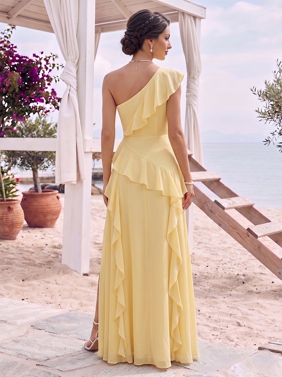 A-Line/Princess One-Shoulder Sleeveless Floor-Length Bridesmaid Dresses with Ruffles & Split Side