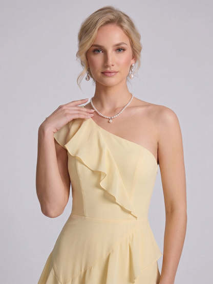 A-Line/Princess One-Shoulder Sleeveless Floor-Length Bridesmaid Dresses with Ruffles & Split Side