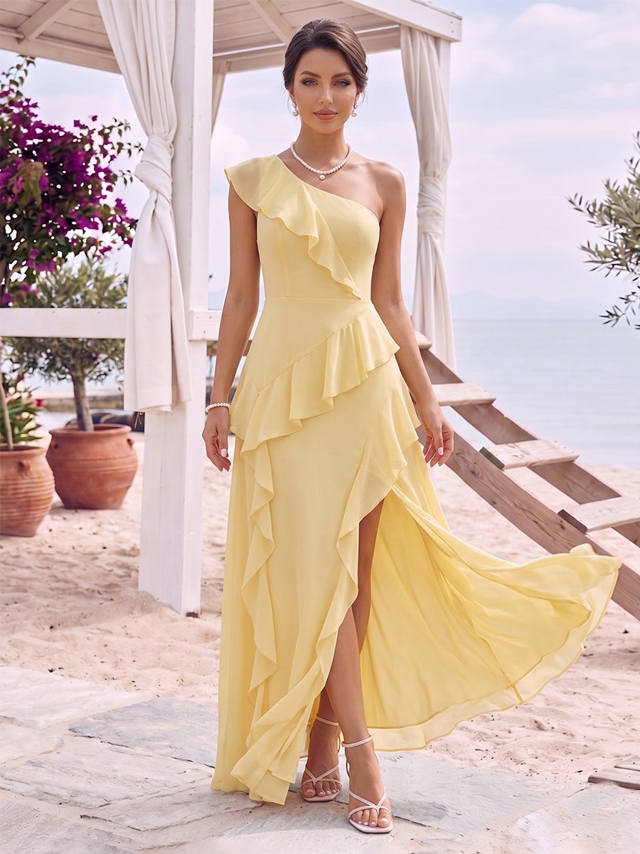 A-Line/Princess One-Shoulder Sleeveless Floor-Length Bridesmaid Dresses with Ruffles & Split Side