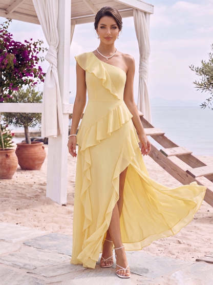 A-Line/Princess One-Shoulder Sleeveless Floor-Length Bridesmaid Dresses with Ruffles & Split Side