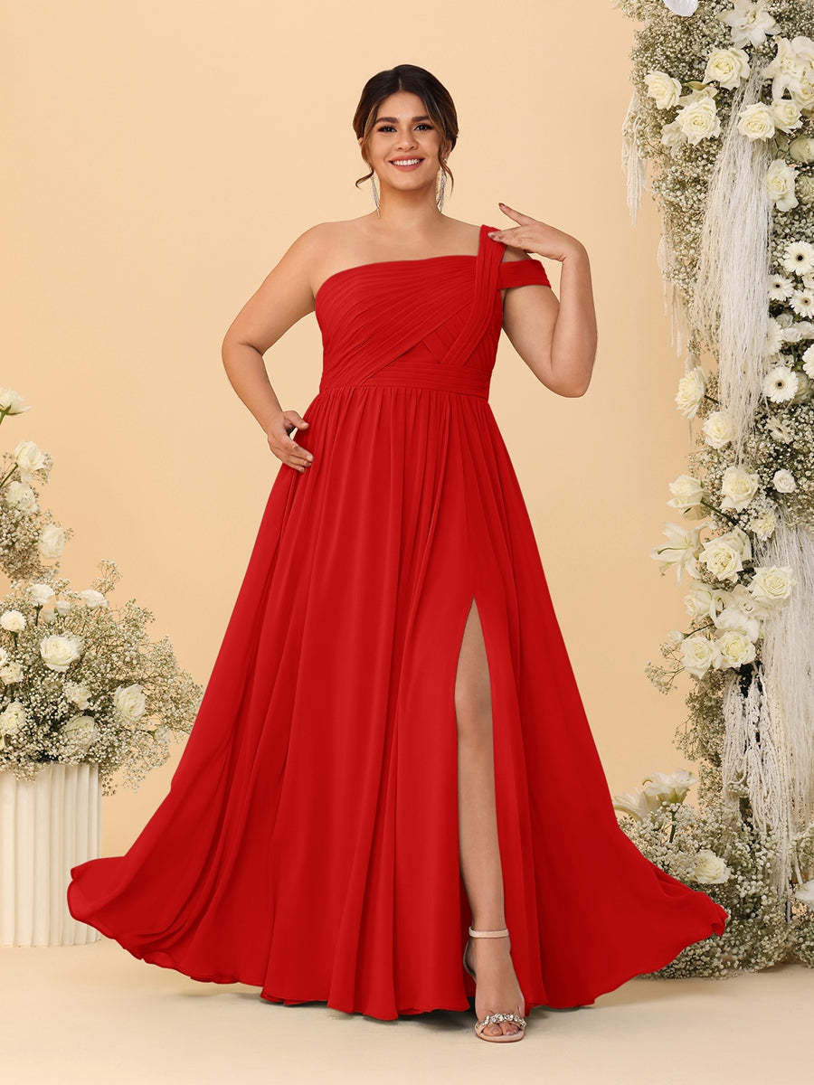 A-Line/Princess One-Shoulder Sleeveless Floor-Length Ruched Plus Size Bridesmaid Dresses With Side Slit