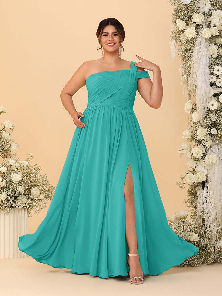 A-Line/Princess One-Shoulder Sleeveless Floor-Length Ruched Plus Size Bridesmaid Dresses With Side Slit