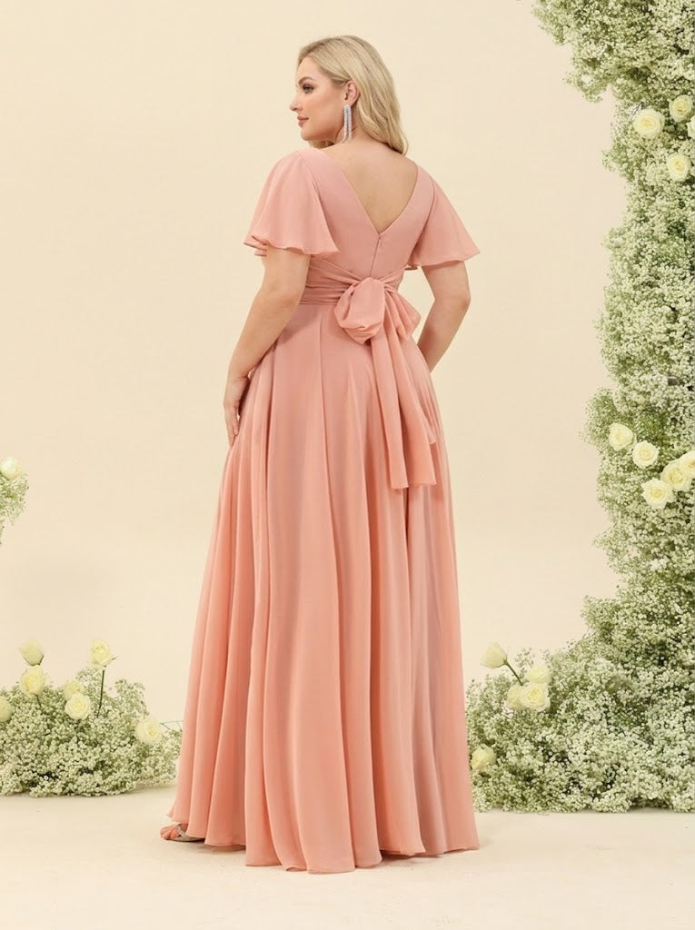 A-Line/Princess Ruffles V-Neck Short Sleeves Plus Size Bridesmaid Dresses With Bowknot