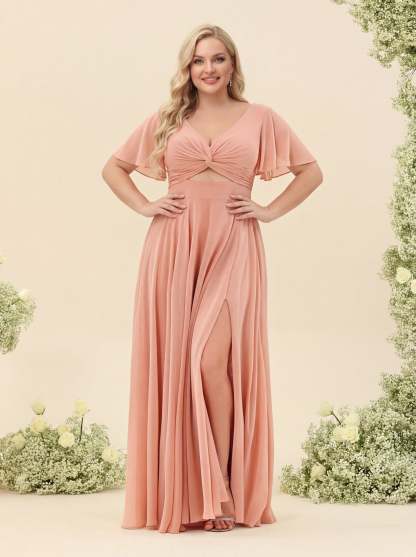 A-Line/Princess Ruffles V-Neck Short Sleeves Plus Size Bridesmaid Dresses With Bowknot