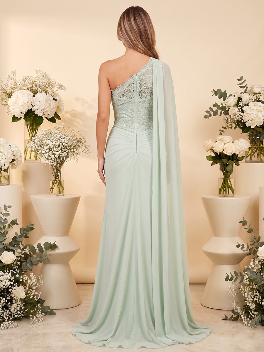 A-Line/Princess Scarf Neck One-Shoulder Floor-Length Long Bridesmaid Dresses With Applique & Ruched
