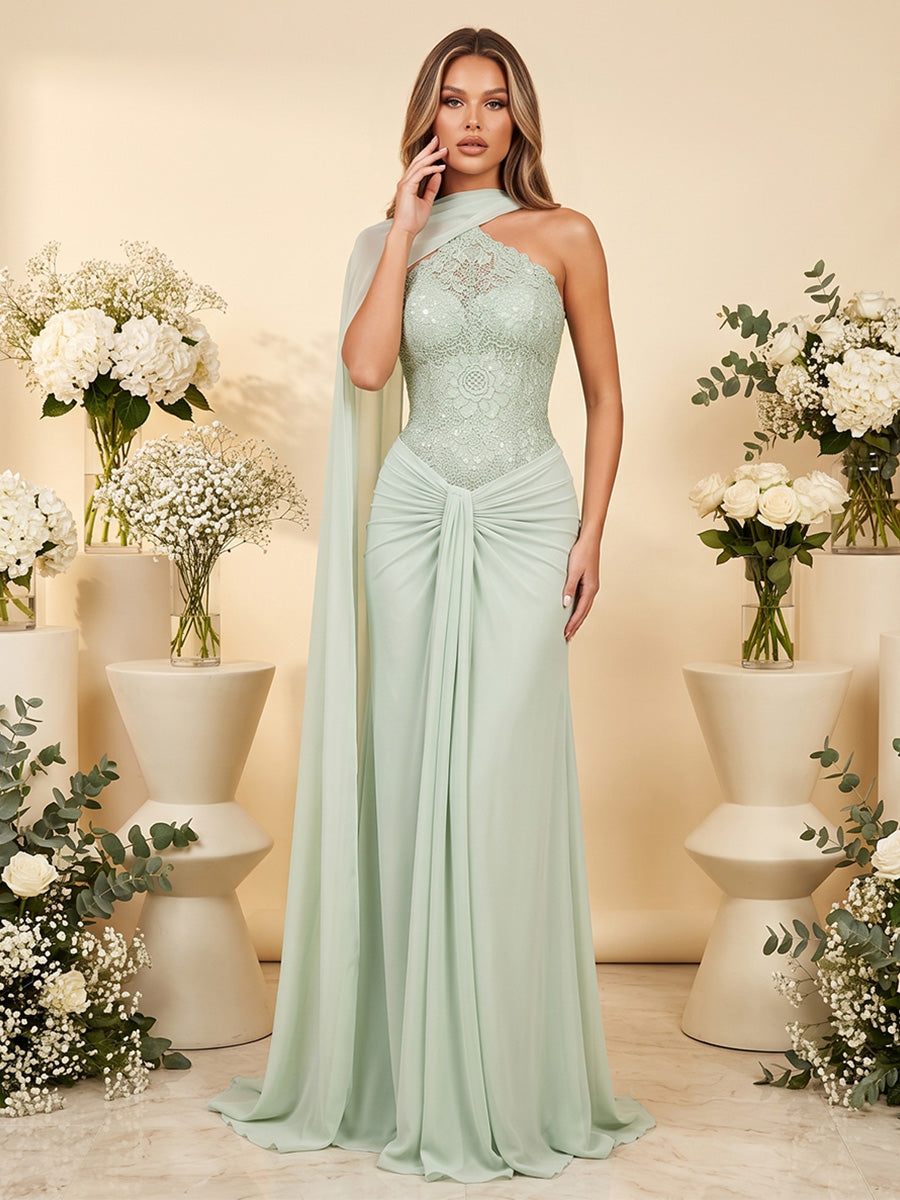 A-Line/Princess Scarf Neck One-Shoulder Floor-Length Long Bridesmaid Dresses With Applique & Ruched