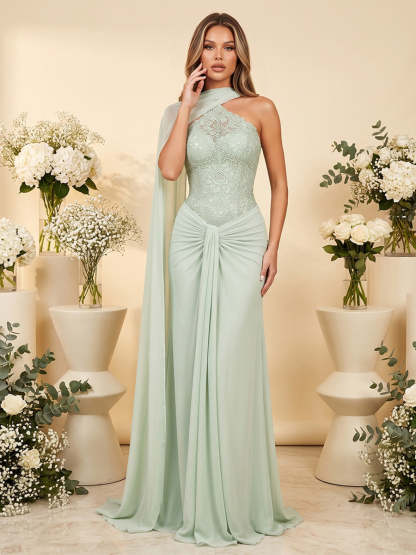 A-Line/Princess Scarf Neck One-Shoulder Floor-Length Long Bridesmaid Dresses With Applique & Ruched