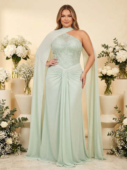 A-Line/Princess Scarf Neck One-Shoulder Floor-Length Long Plus Size Bridesmaid Dresses With Applique & Ruched
