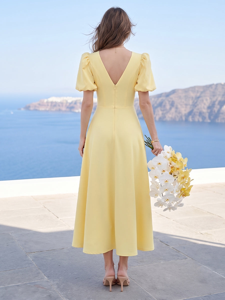 A-Line/Princess Scoop Puff Sleeves Tea-Length Long Bridesmaid Dresses with Ruched