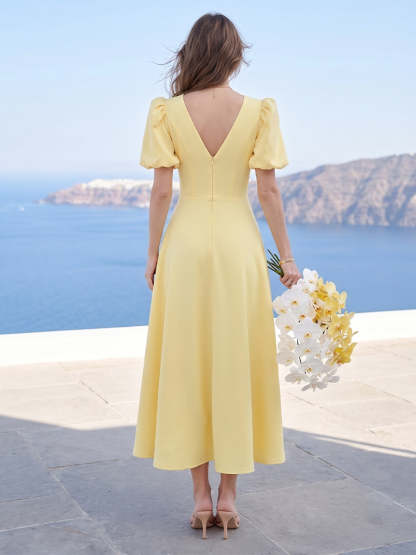 A-Line/Princess Scoop Puff Sleeves Tea-Length Long Bridesmaid Dresses with Ruched