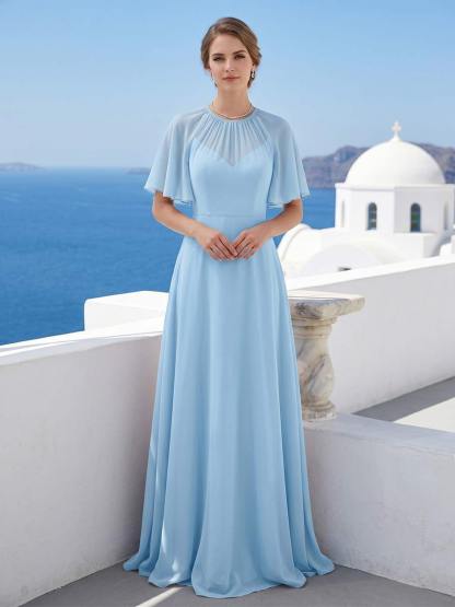 A-Line/Princess Scoop Short Sleeves Floor-Length Long Bridesmaid Dresses with Ruffles