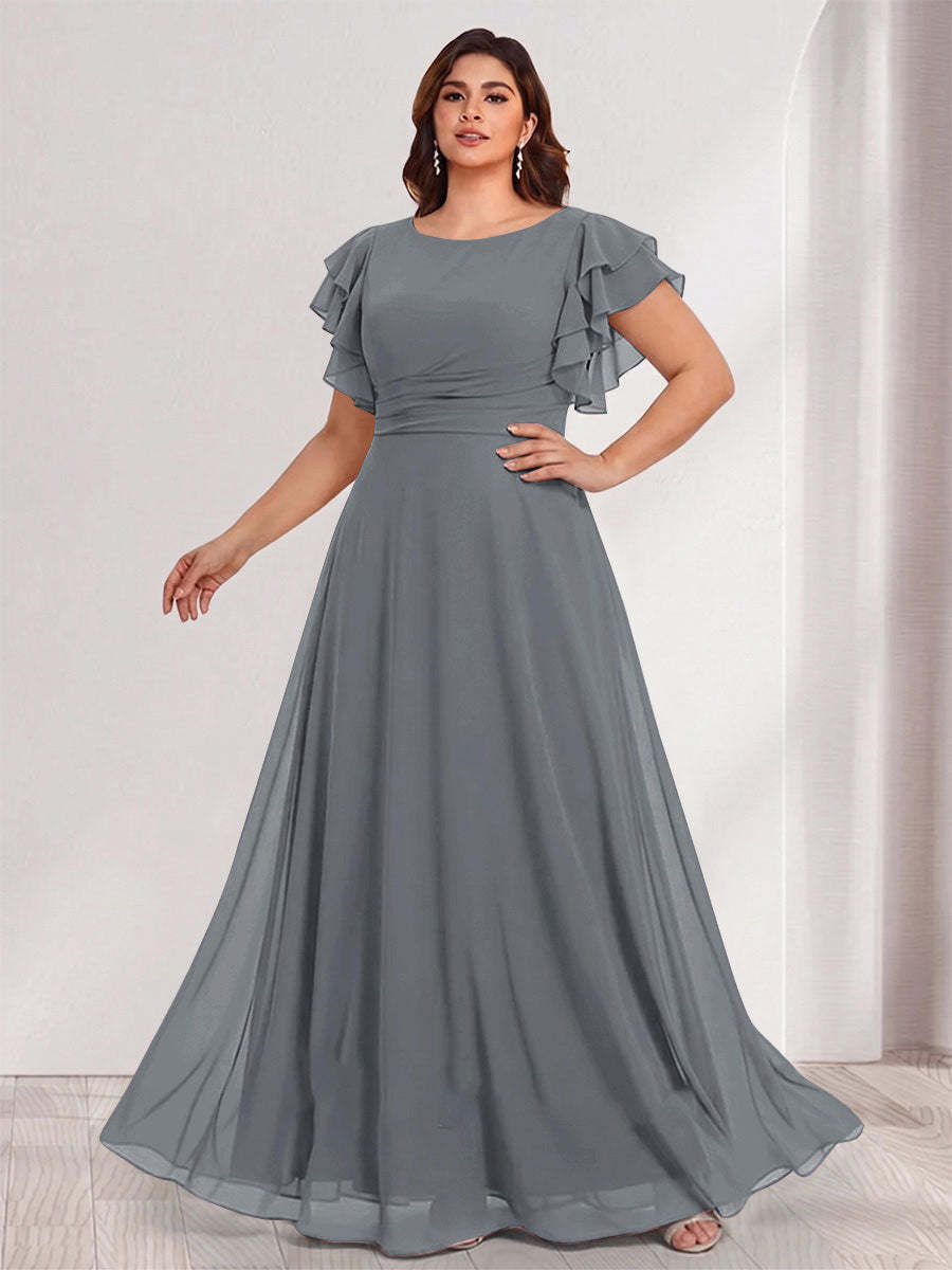 A-Line/Princess Scoop Short Sleeves Floor-Length Plus Size Bridesmaid Dresses with Ruffles & Ruched