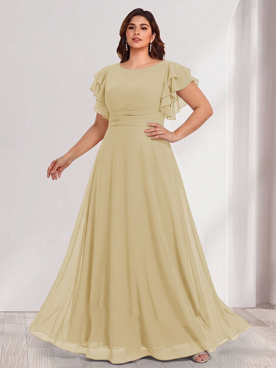 A-Line/Princess Scoop Short Sleeves Floor-Length Plus Size Bridesmaid Dresses with Ruffles & Ruched