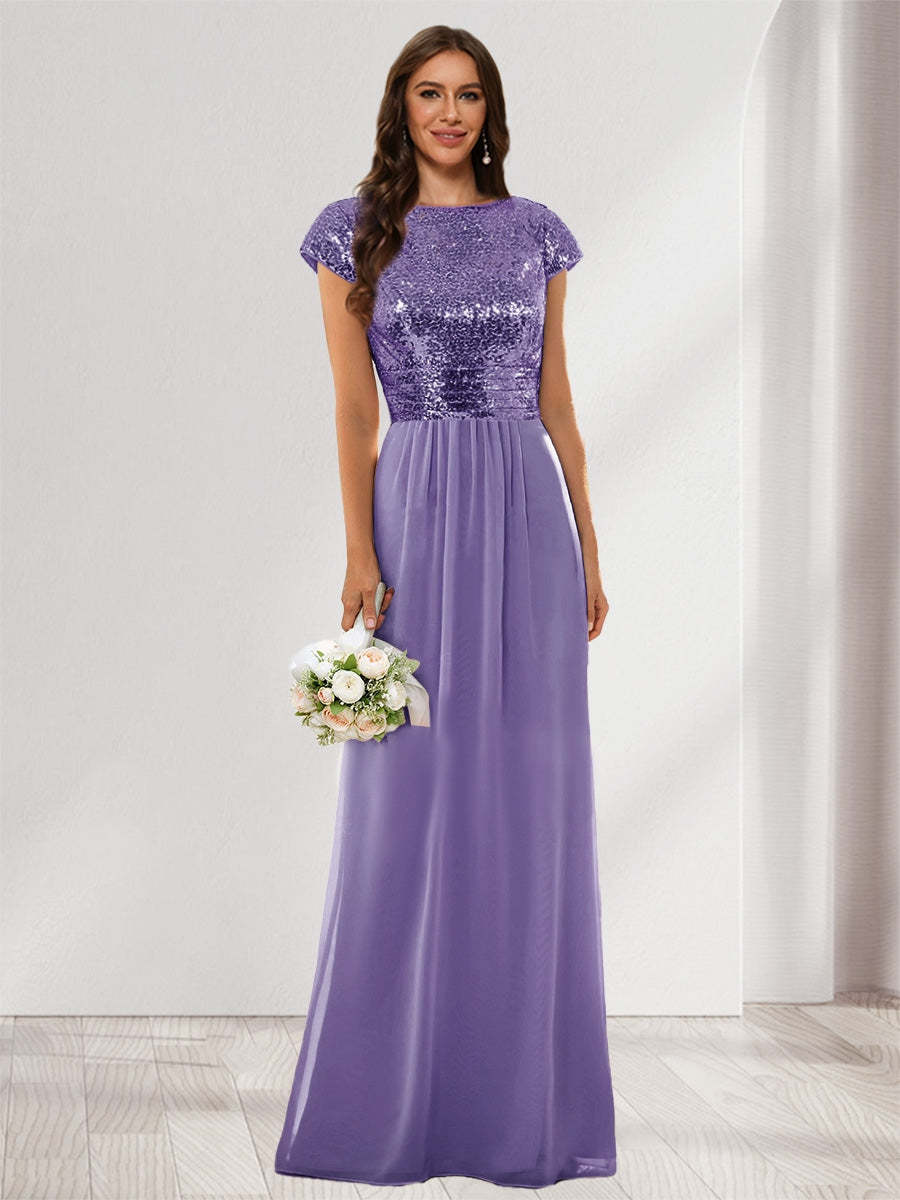 A-Line/Princess Scoop Short Sleeves Sequins Bridesmaid Dresses