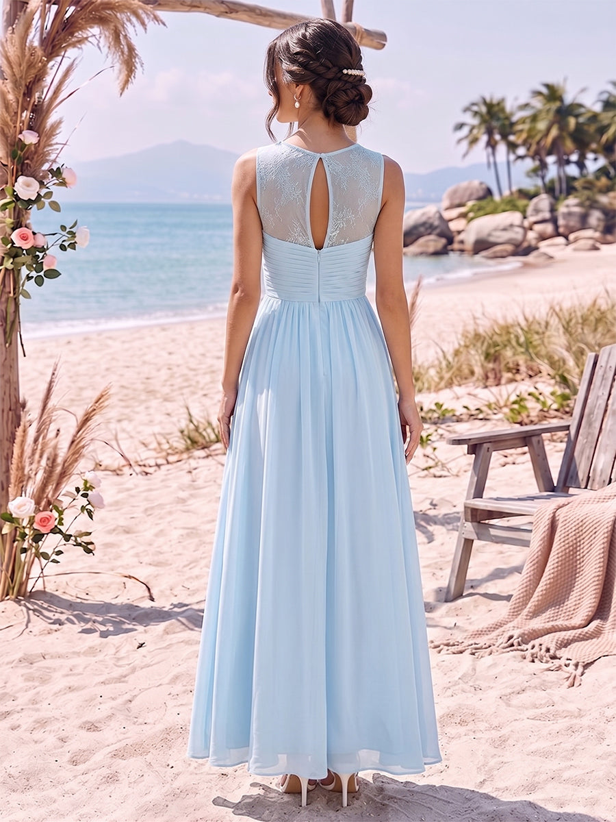 A-Line/Princess Scoop Sleeveless Ankle-Length Long Bridesmaid Dresses with Ruched & Lace