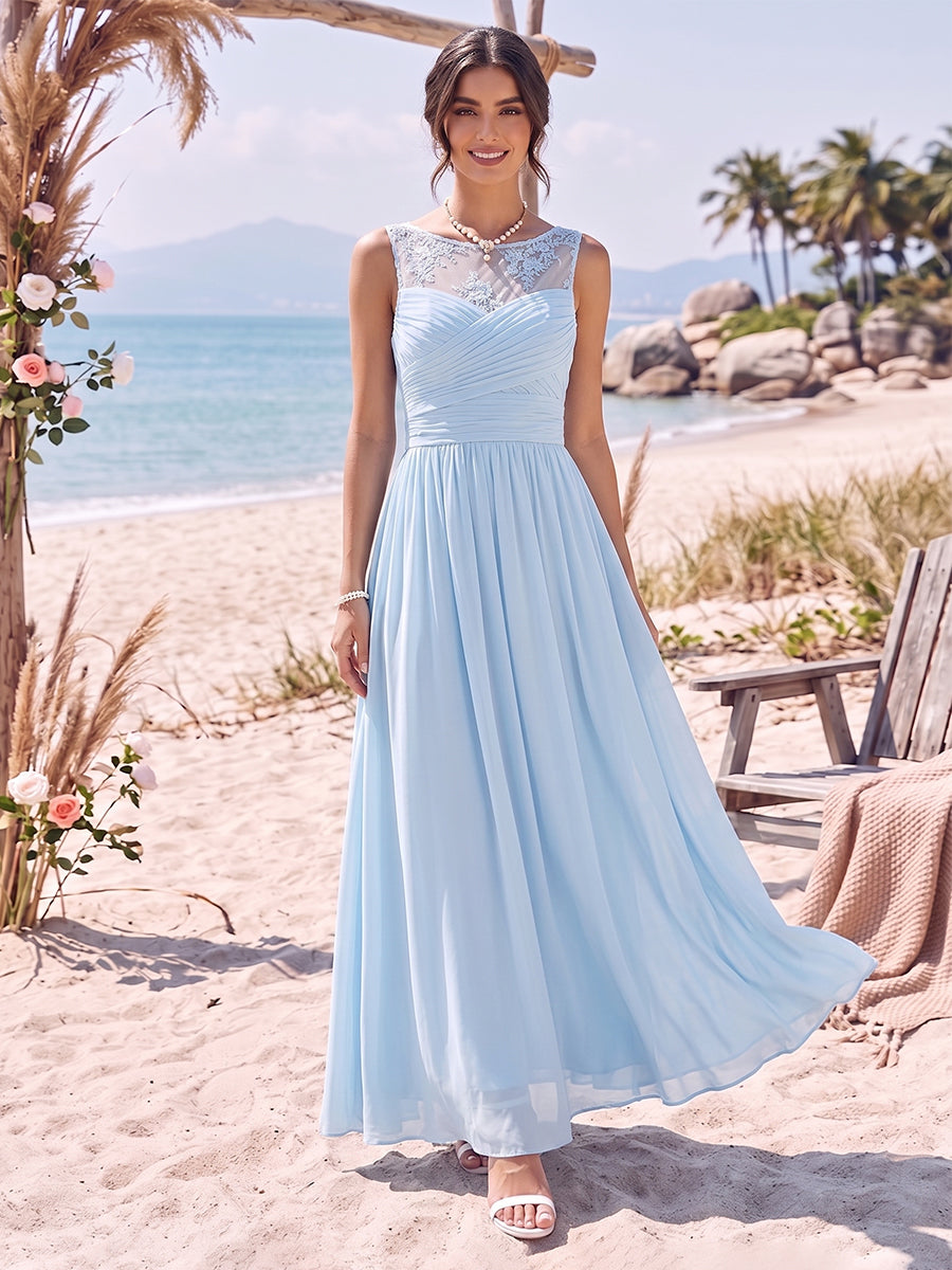 A-Line/Princess Scoop Sleeveless Ankle-Length Long Bridesmaid Dresses with Ruched & Lace