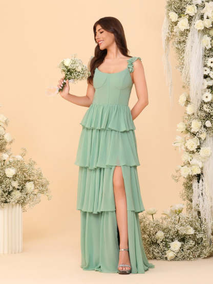 A-Line/Princess Scoop Sleeveless Floor-Length Bridesmaid Dresses With Ruffles & Side Slit
