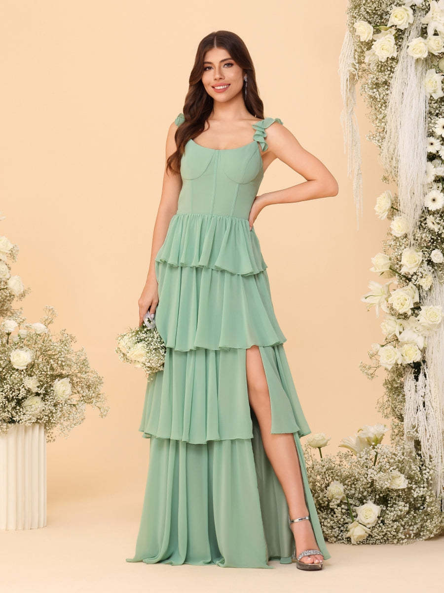 A-Line/Princess Scoop Sleeveless Floor-Length Bridesmaid Dresses With Ruffles & Side Slit