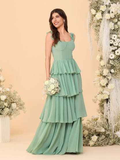 A-Line/Princess Scoop Sleeveless Floor-Length Bridesmaid Dresses With Ruffles & Side Slit