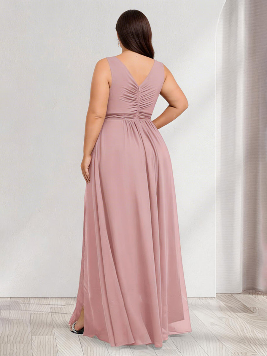 A-Line/Princess Scoop Sleeveless Floor-Length Plus Size Bridesmaid Dresses with Ruched