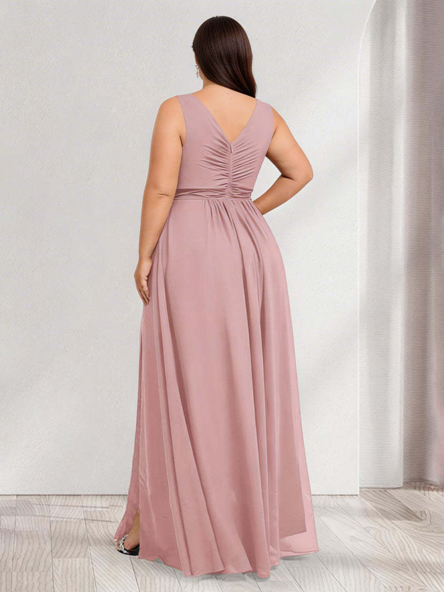 A-Line/Princess Scoop Sleeveless Floor-Length Plus Size Bridesmaid Dresses with Ruched