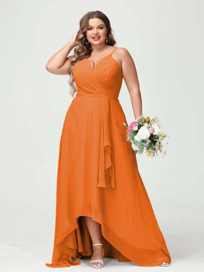 A-Line/Princess Spaghetti Straps Chiffon Ruffles Asymmetrical Plus Size Bridesmaid Dresses with Pockets