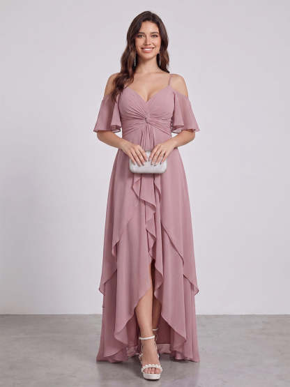 A-Line/Princess Spaghetti Straps Half Sleeves V-Neck Bridesmaid Dresses With Ruffles