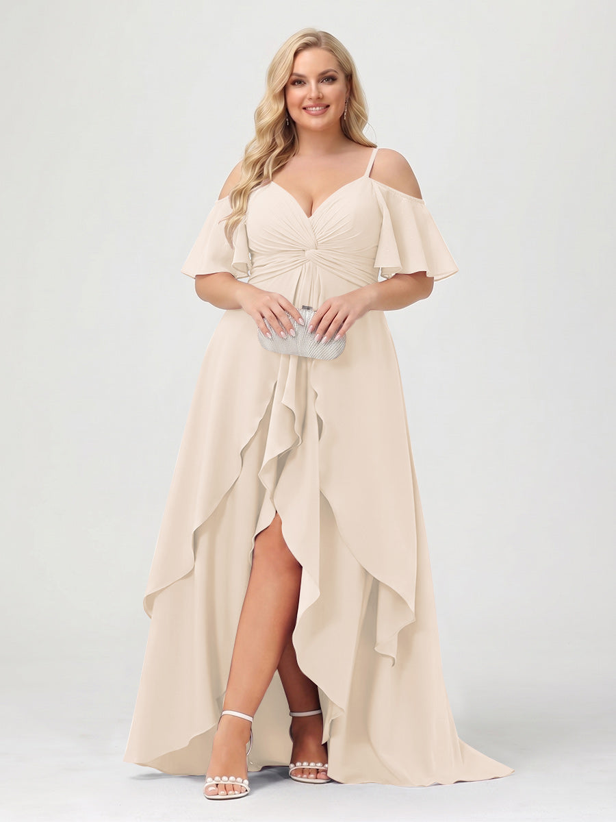A-Line/Princess Spaghetti Straps Half Sleeves V-Neck Plus Size Bridesmaid Dresses With Ruffles