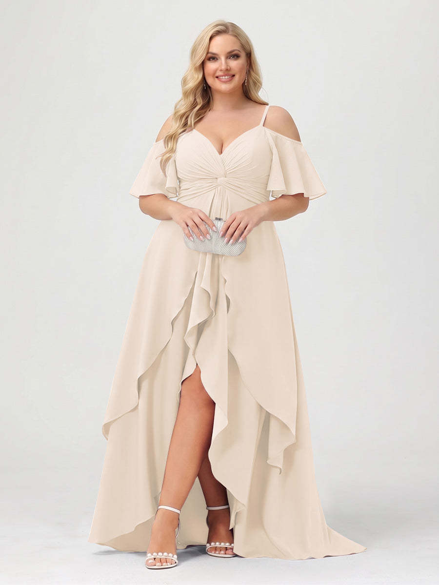 A-Line/Princess Spaghetti Straps Half Sleeves V-Neck Plus Size Bridesmaid Dresses With Ruffles
