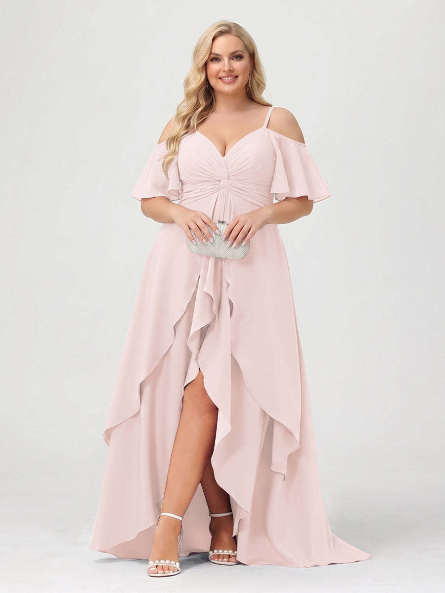 A-Line/Princess Spaghetti Straps Half Sleeves V-Neck Plus Size Bridesmaid Dresses With Ruffles