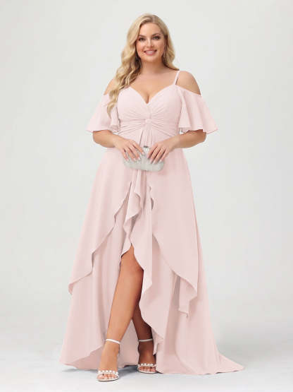 A-Line/Princess Spaghetti Straps Half Sleeves V-Neck Plus Size Bridesmaid Dresses With Ruffles